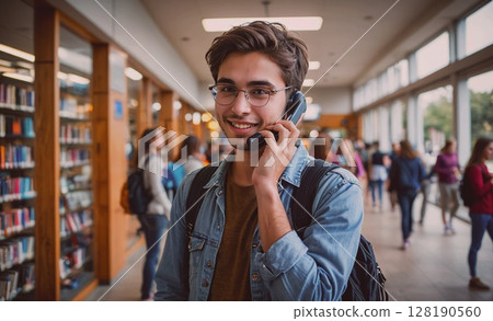 Young man is talking on his cell phone in a library. He is smiling and he is enjoying his conversation. There are several other people in the library, some of whom are carrying backpacks. The scene is 128190560
