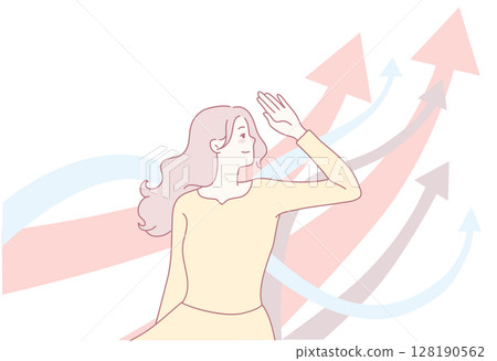 Empowering Growth A Woman Surrounded by Rising Arrows and Waves Symbolizing Success 128190562