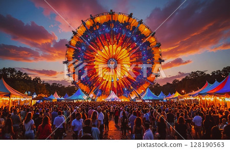 Large crowd of people are gathered around a large, colorful wheel. The sky is orange and pink, creating a warm and inviting atmosphere. The event seems to be a festival or a carnival, with people 128190563