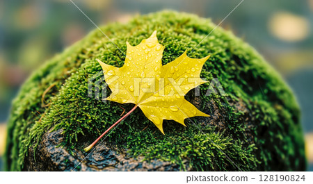 Bright yellow maple leaf rests on green mossy stone during autumn rain, beautiful fall season background with water drops, nature wallpaper concept close up 128190824