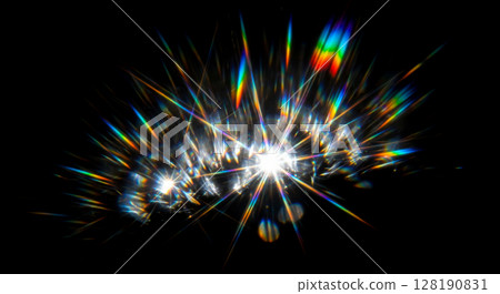Rainbow sparkle overlay with light burst effect, abstract glitter explosion with colorful rays on black background for festive design projects 128190831