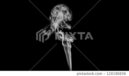 Thin wisp of white smoke rising and swirling on isolated black background, abstract design element for creative photo and video projects Thin wisp of white smoke rising and swirling on isolated black background, abstract design element for creative photo and video projects 128190836