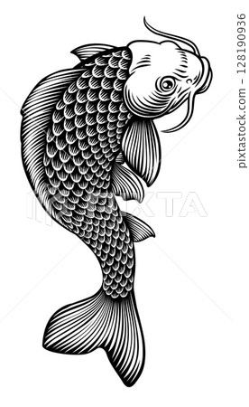 Fish Koi Carp Japanese Vintage Woodcut Design 128190936