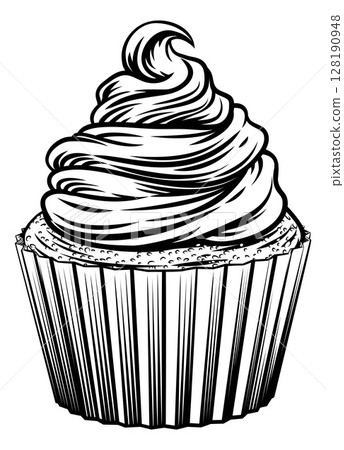 Vintage Woodcut Frosting Cupcake Cake Illustration 128190948