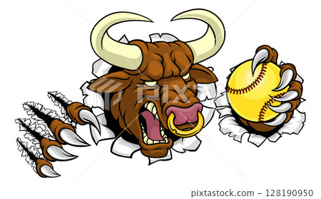 Bull Minotaur Longhorn Cow Softball Mascot Cartoon 128190950
