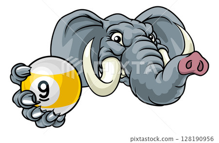 Elephant and 9 Ball Nine Ball Pool Cartoon Mascot 128190956