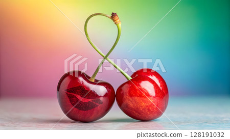 Red cherries with lipstick imprint create a whimsical infinity symbol on colorful backdrop 128191032