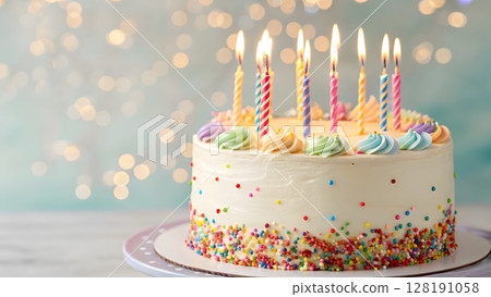 Colorful birthday cake with lit candles celebrates a joyful occasion in a festive setting Colorful birthday cake with lit candles celebrates a joyful occasion in a festive setting 128191058