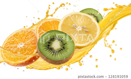 Fresh citrus and kiwi slices splash in vibrant juice on a bright background Fresh citrus and kiwi slices splash in vibrant juice on a bright background 128191059