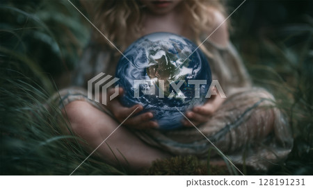 A blonde girl in lush grass hugs a small globe. 128191231