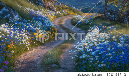 一條風景如畫的小路蜿蜒而下，沿著開滿藍色、白色和黃色花朵的山坡而下。 128191240