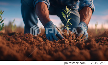 In a field at dusk, a farmer wearing work gloves carefully plants a seedling into rich soil 128191253