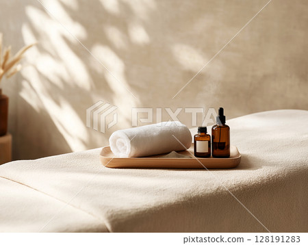 Minimalist spa setting with rolled towel 128191283