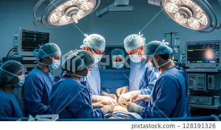 Surgeons and doctors working in the operating room. The concept of medical expertise, teamwork, and life-saving surgery. Generative AI. 128191326