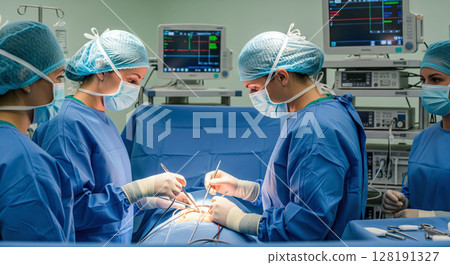 Surgeons and doctors working in the operating room. The concept of medical expertise, teamwork, and life-saving surgery. Generative AI. 128191327