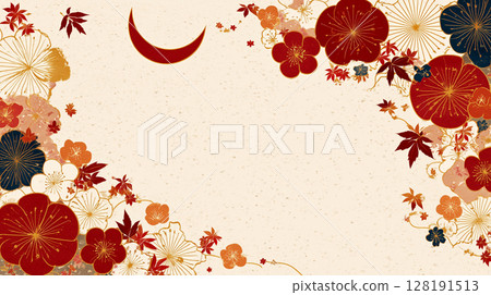 [秋葉與金色新月相框] 適合秋季日式設計的背景素材 128191513