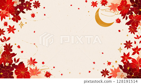 [秋葉與金色新月相框] 適合秋季日式設計的背景素材 128191514