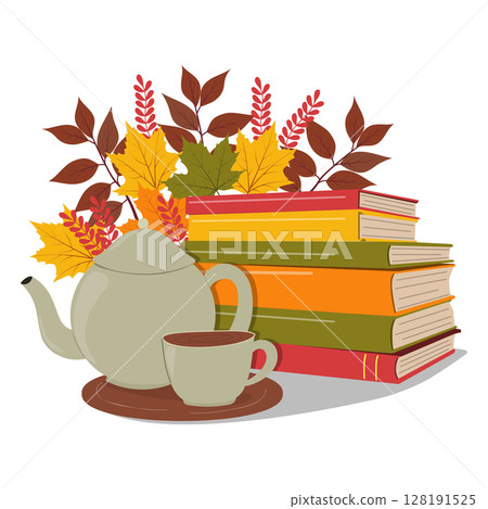 Stack of books with teapot and leaves.  128191525