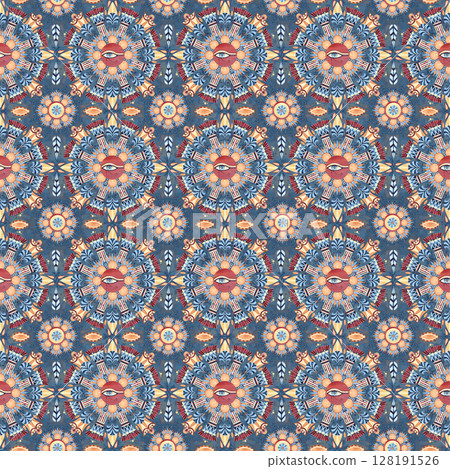 Ethnic seamless pattern, Ancient Egyptian culture arabesque style. Abstract ornate, lotus, eye of Horus, geometric figures. Watercolor illustration isolated on blue background. For textile, souvenirs Ethnic seamless pattern, Ancient Egyptian culture arabesque style. Abstract ornate, lotus, eye of Horus, geometric figures. Watercolor illustration isolated on blue background. For textile, souvenirs 128191526