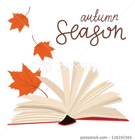 Opened book with leaves and lettering. 128191565