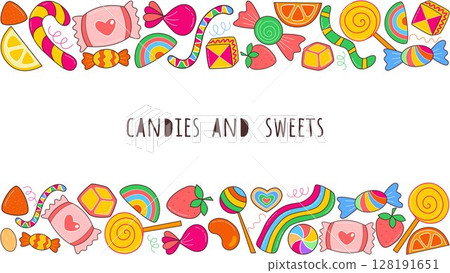 Horizontal background with frame of candies and sweets Horizontal background with frame of candies and sweets 128191651