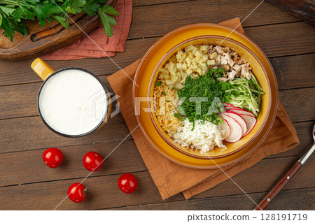 Portion of cold summer russian soup okroshka 128191719