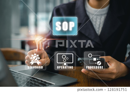 Visual representation of SOP concept with digital icons for standard, operating, and procedure in a business environment. 128191751