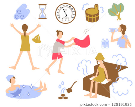 Sauna related goods and women illustration set Sauna related goods and women illustration set 128191925