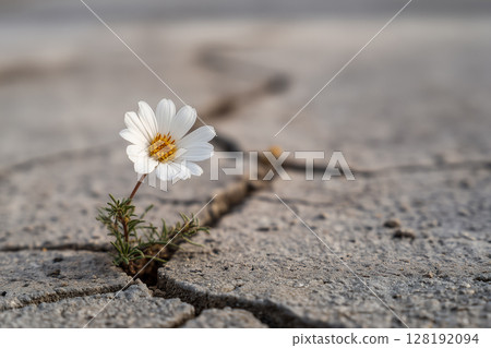 Daisies emerge from broken concrete, a symbol of renewal and growth Daisies emerge from broken concrete, a symbol of renewal and growth 128192094