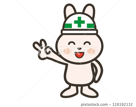 Illustration of a rabbit at a construction site posing with a peace sign 128192132