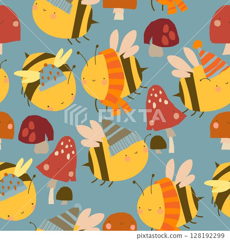 Seamless Pattern with Cute Yellow Bees wearing Scarves and Hats and Mushrooms Seamless Pattern with Cute Yellow Bees wearing Scarves and Hats and Mushrooms 128192299