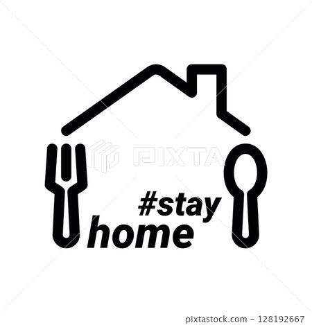 Stay Home Concept Icon with House, Cutlery, and Hashtag Stay Home Concept Icon with House, Cutlery, and Hashtag 128192667