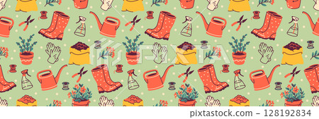 A colorful gardening seamless pattern showcasing essential tools like watering cans, gloves, and potted plants. Background for agriculture, countryside or farming inspired designs A colorful gardening seamless pattern showcasing essential tools like watering cans, gloves, and potted plants. Background for agriculture, countryside or farming inspired designs 128192834