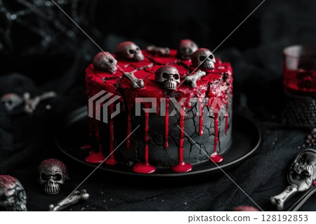 Black Halloween cake with cracked icing, red skull toppings, and dripping glaze creates a dramatic, gothic dessert perfect for spooky celebrations 128192853