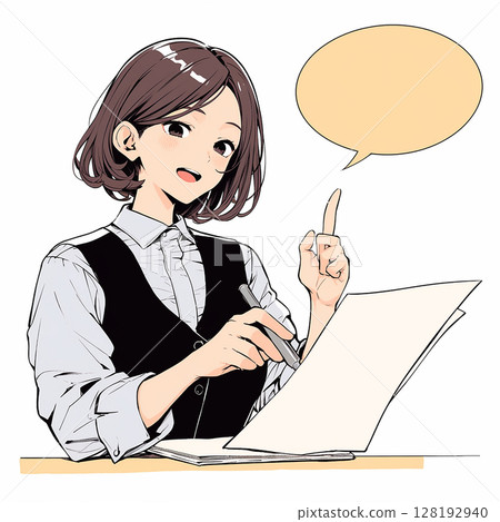 [對話泡泡] 一位女士在商務場合講話的插圖和對話泡泡 128192940