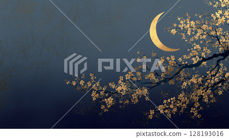 [Night view of golden crescent moon and autumn leaves] Quiet Japanese-style background art that stands out against the deep indigo 128193016