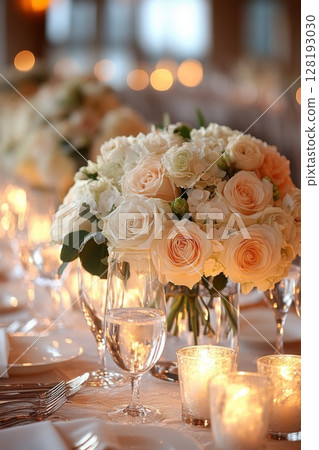Romantic Wedding Setting With White Roses 128193030