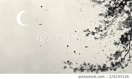 [Ink-wash style cherry blossoms and crescent moon] Monotone Japanese-style background design making use of white space 128193126