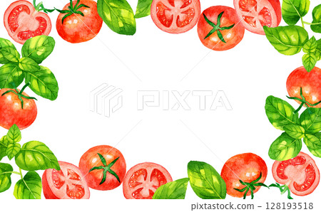 羅勒和番茄框架(香草和蔬菜的手繪水彩插圖背景材料) 羅勒和番茄框架(香草和蔬菜的手繪水彩插圖背景材料) 128193518