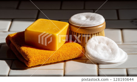 Brightly lit scene featuring yellow turmeric soap bar, wooden brush, and cotton pads on an orange towel, creating a clean and inviting atmosphere 128193644