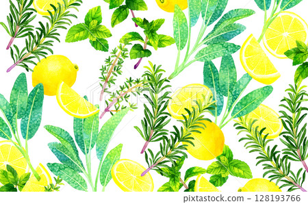 排毒水成分背景（草藥和檸檬）手繪水彩插圖 128193766