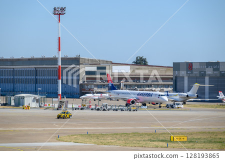 Runway of Nikola Tesla Airport in Belgrade, capital of Serbia 128193865