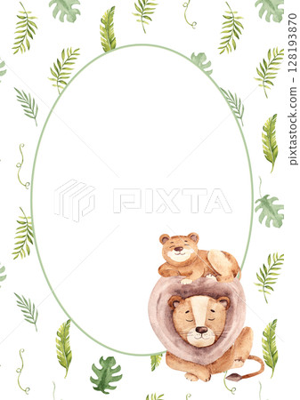 Watercolor circular summer frame with tropical leaves background and cute lion family. Vertical card template with Safari animals. For kid cards and invitations, posters, Fathers Day designs. Watercolor circular summer frame with tropical leaves background and cute lion family. Vertical card template with Safari animals. For kid cards and invitations, posters, Fathers Day designs. 128193870