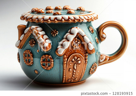 Classic style. Gingerbread house shaped ceramic cup with lid on a white background. Christmas atmosphere. 128193915