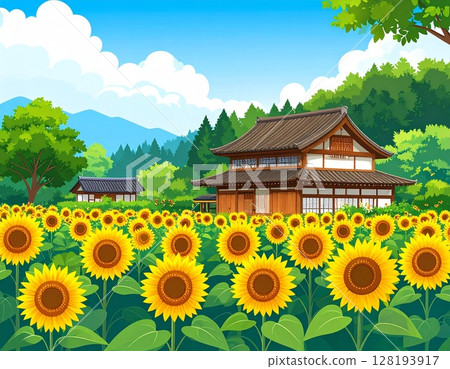 Summer landscape illustration of a sunflower field and a Japanese house 128193917