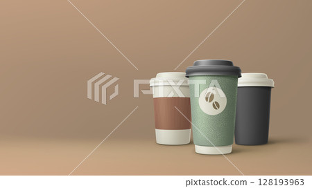 three cups of coffee stands brown back 128193963