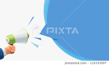 a hand holding megaphone with blue back 128193997