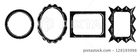 Grunge textured black frames of varying shapes with empty centers. 128193998