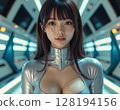 Woman in futuristic costume standing in space station 128194156