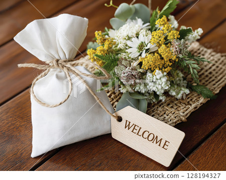 Decorative welcome gift bag with flowers and wooden tag on rustic wooden surface Decorative welcome gift bag with flowers and wooden tag on rustic wooden surface 128194327